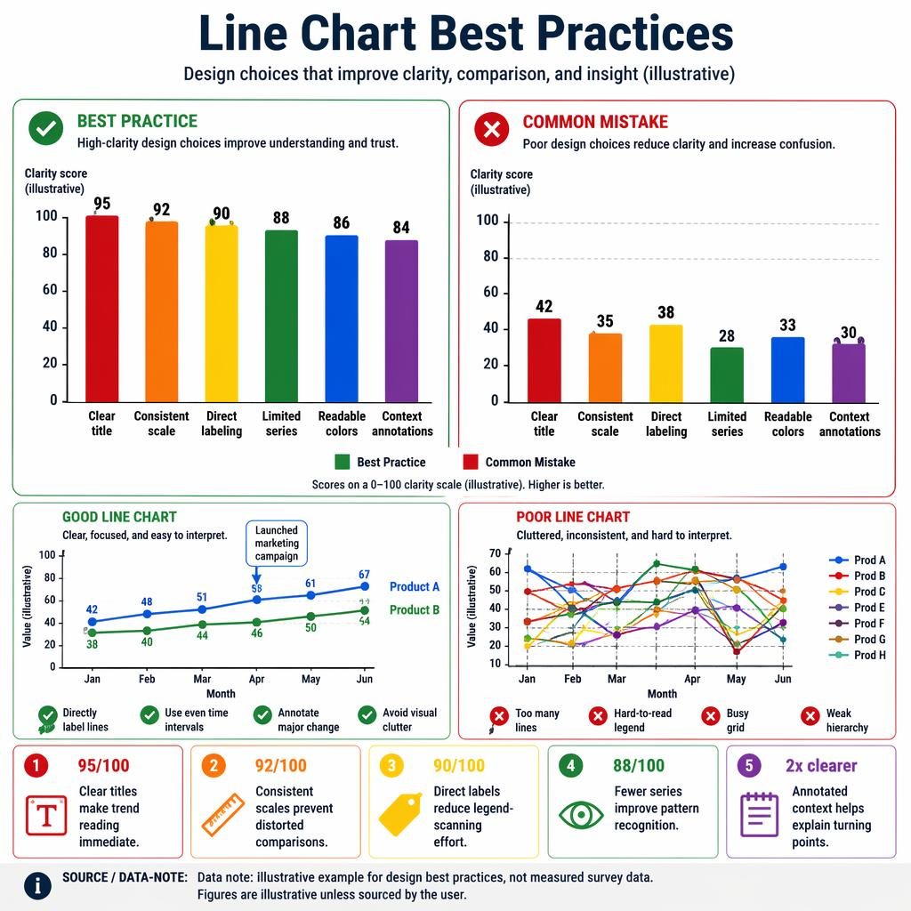 Editorial figma graph infographic comparing best practice vs common line chart mistakes with columns and mini trend charts.