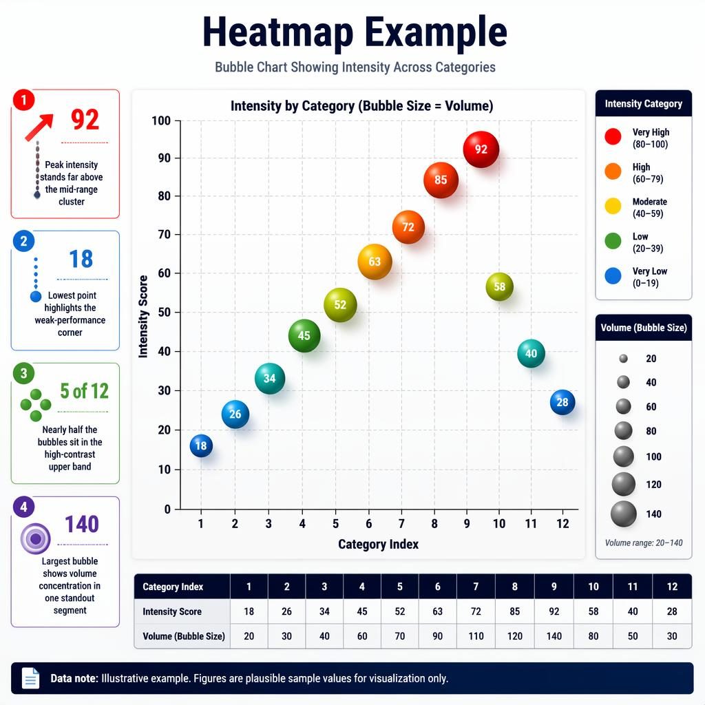 Pseudo-3D bubble chart infographic with 12 categories, intensity score axis, volume legend, 4 insight callouts, and data note.