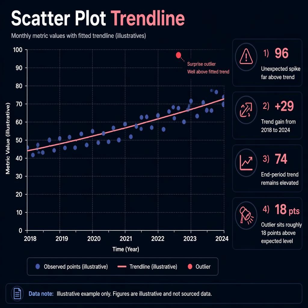Dark dashboard scatter plot from 2018 to 2024 with navy points, pink rising trendline, and a highlighted 2023 outlier.