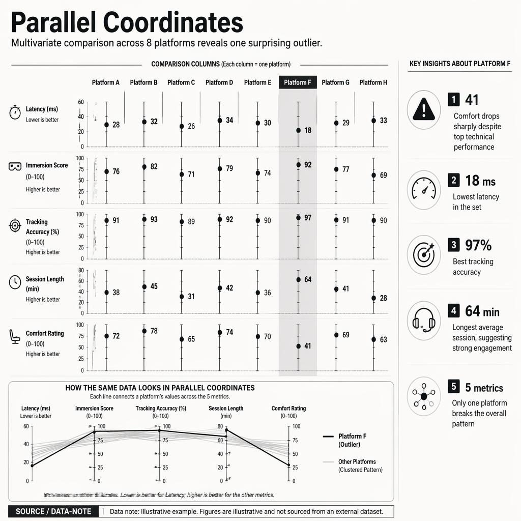 Monochrome infographic with 8 comparison columns, parallel-coordinates mini-panel, and Platform F outlier metrics.