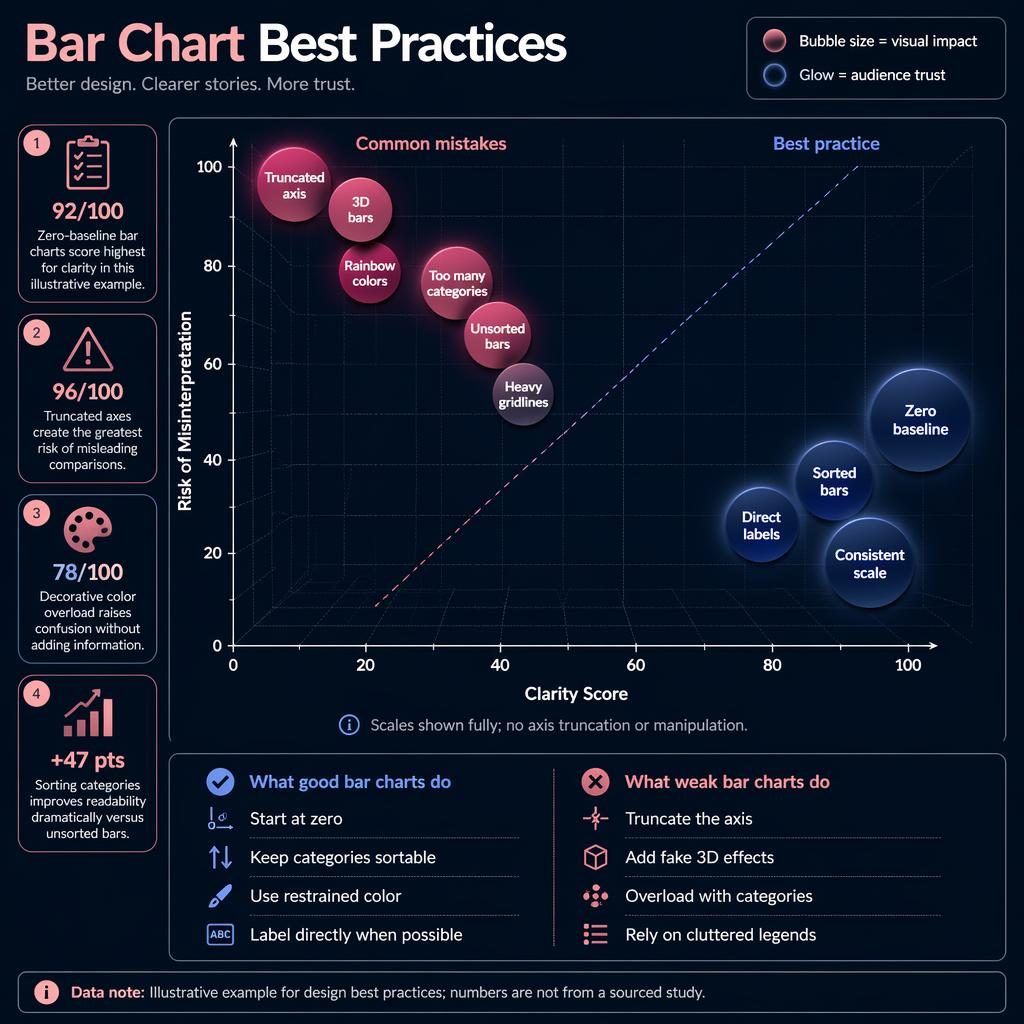 Dark dashboard infographic with a bubble chart comparing bar chart best practices and common mistakes in pink and navy.