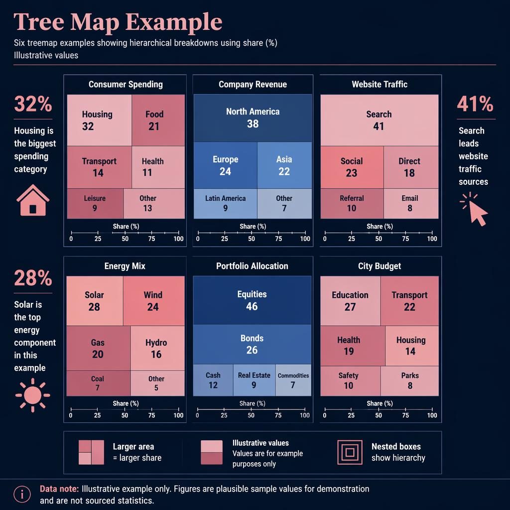 Dark dashboard infographic with a 2x3 grid of six treemap panels, callouts, legend, and illustrative percentage guides.