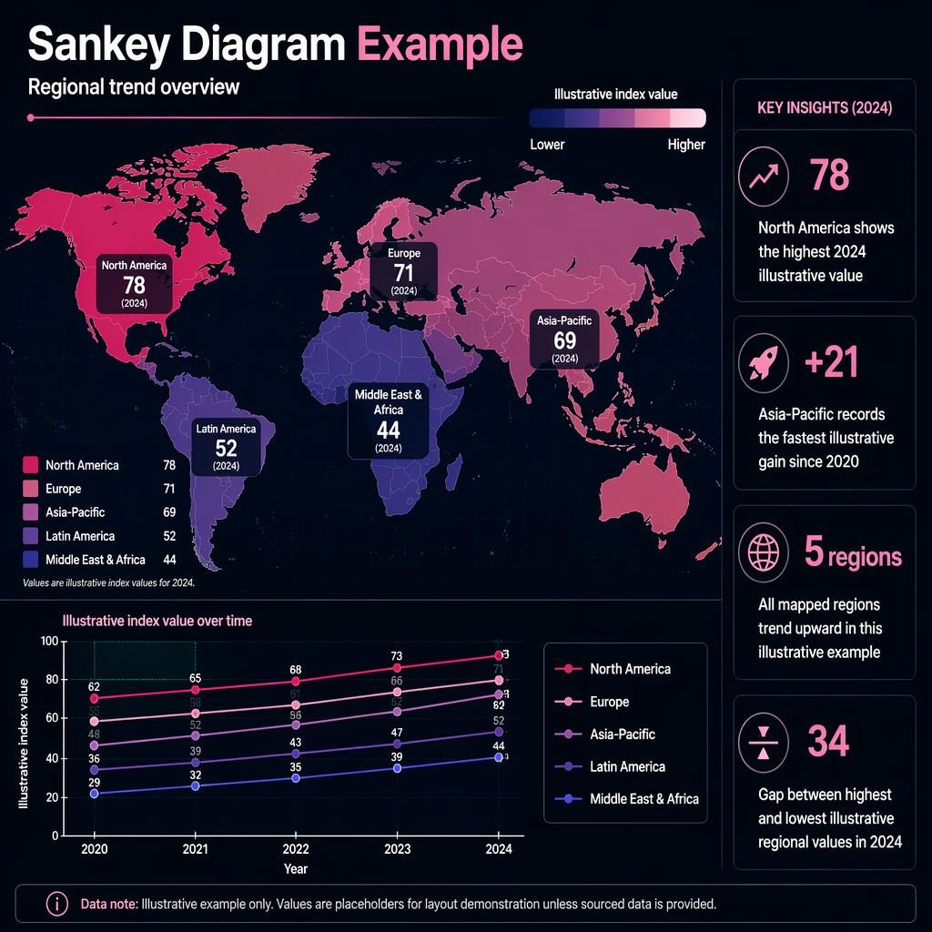 Dark dashboard infographic with a world choropleth map, mini trend line panel, legend, and four regional insight callouts.