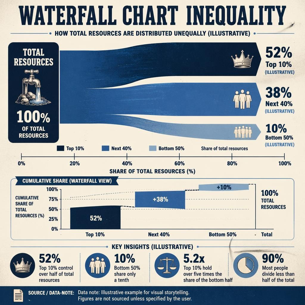 Retro dataviz infographic with a Sankey flow showing 100% split into top 10% 52%, next 40% 38%, bottom 50% 10%.