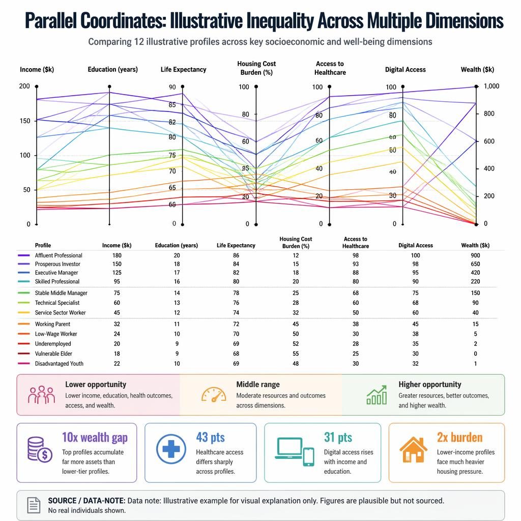 Parallel coordinates infographic with 7 labeled axes, 10-12 rainbow lines, inequality callouts, and English data-note strip.
