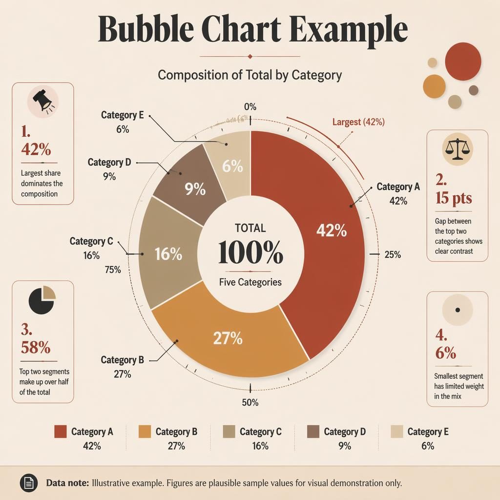 Editorial infographic with a central donut chart, five labeled segments, percentage callouts, legend, mini bubbles, and data note.