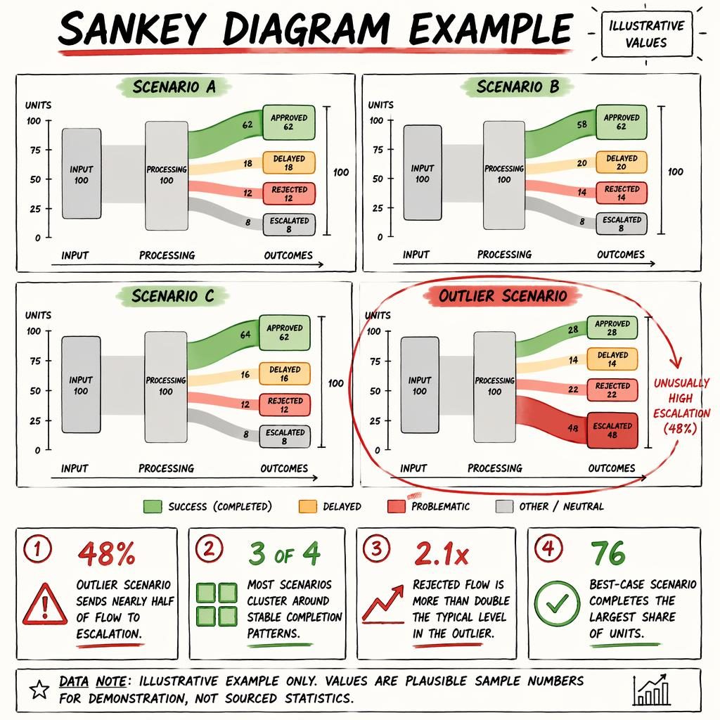 Hand-annotated 2x2 sandkey diagram grid comparing four flow scenarios with one outlier highlighted in red and green.
