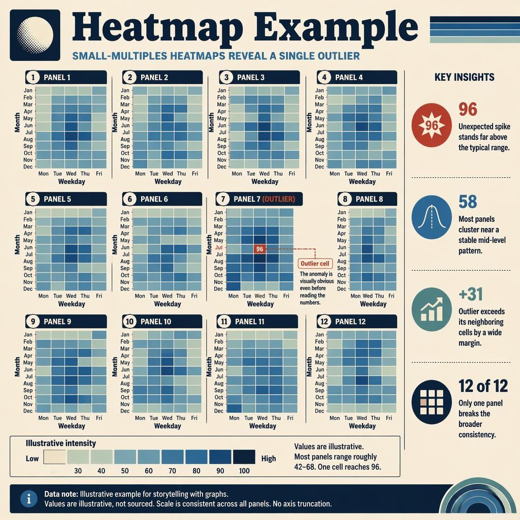 Editorial infographic with a 4x3 small-multiples heatmap grid, shared legend, one outlier cell at 96, and insight callouts.