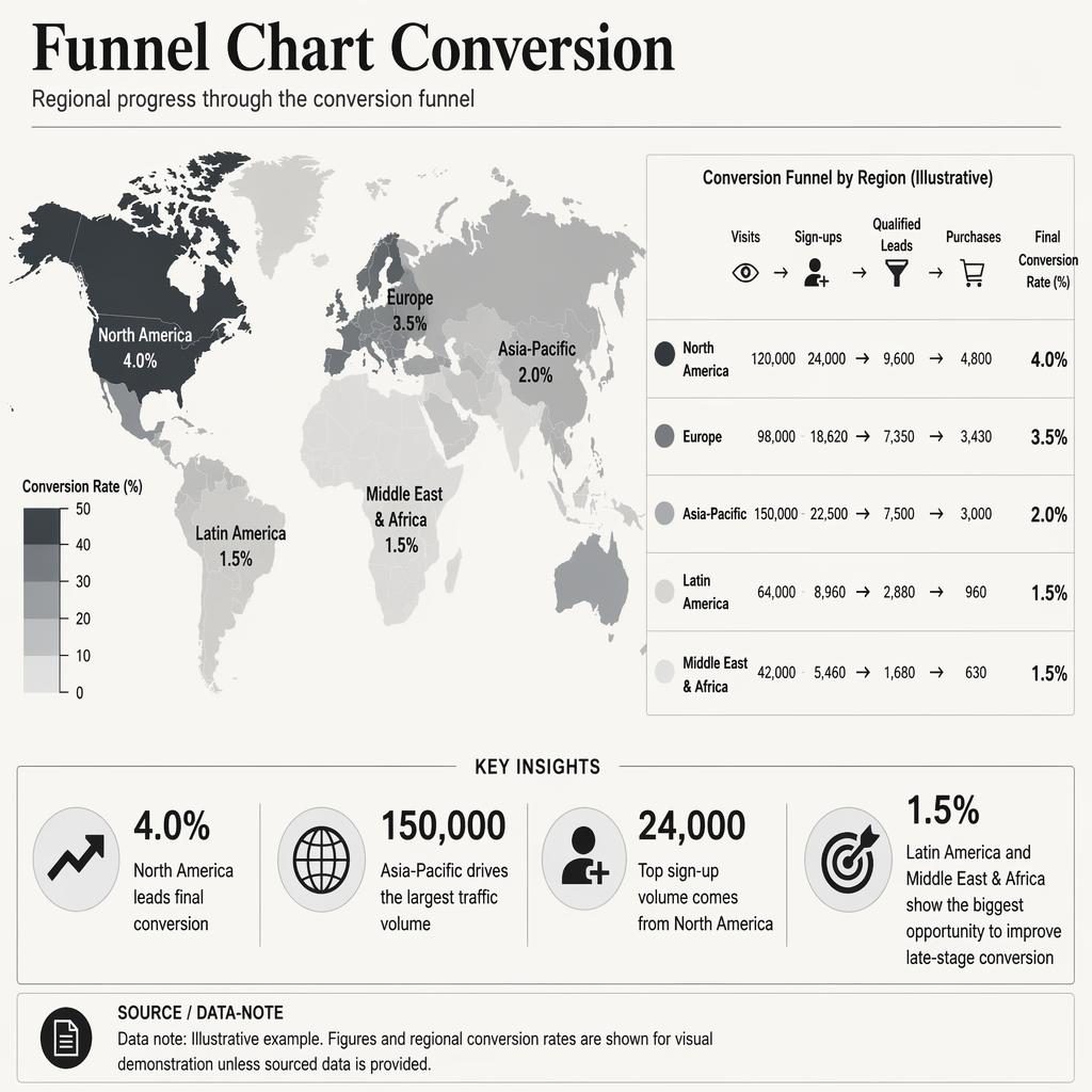 Monochrome choropleth world map infographic with funnel conversion panel, regional rates, legend, and insight callouts.
