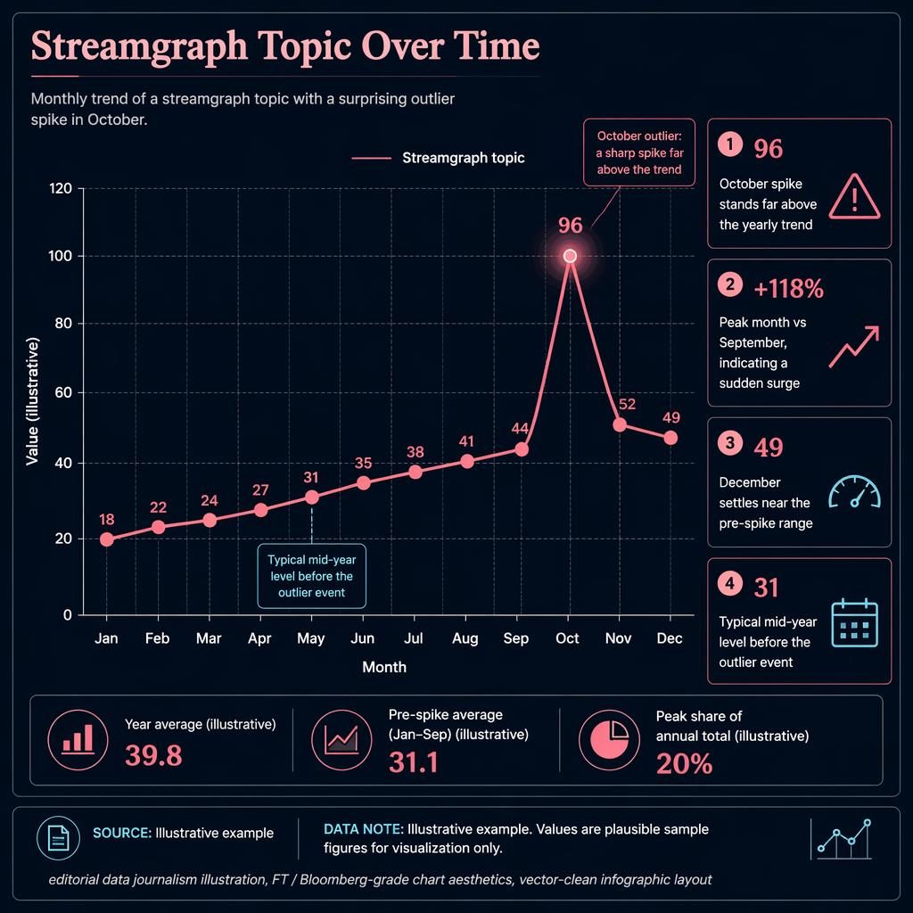 Dark dashboard infographic with pink trend line by month, sharp October outlier at 96, callouts, legend, and stats panel.