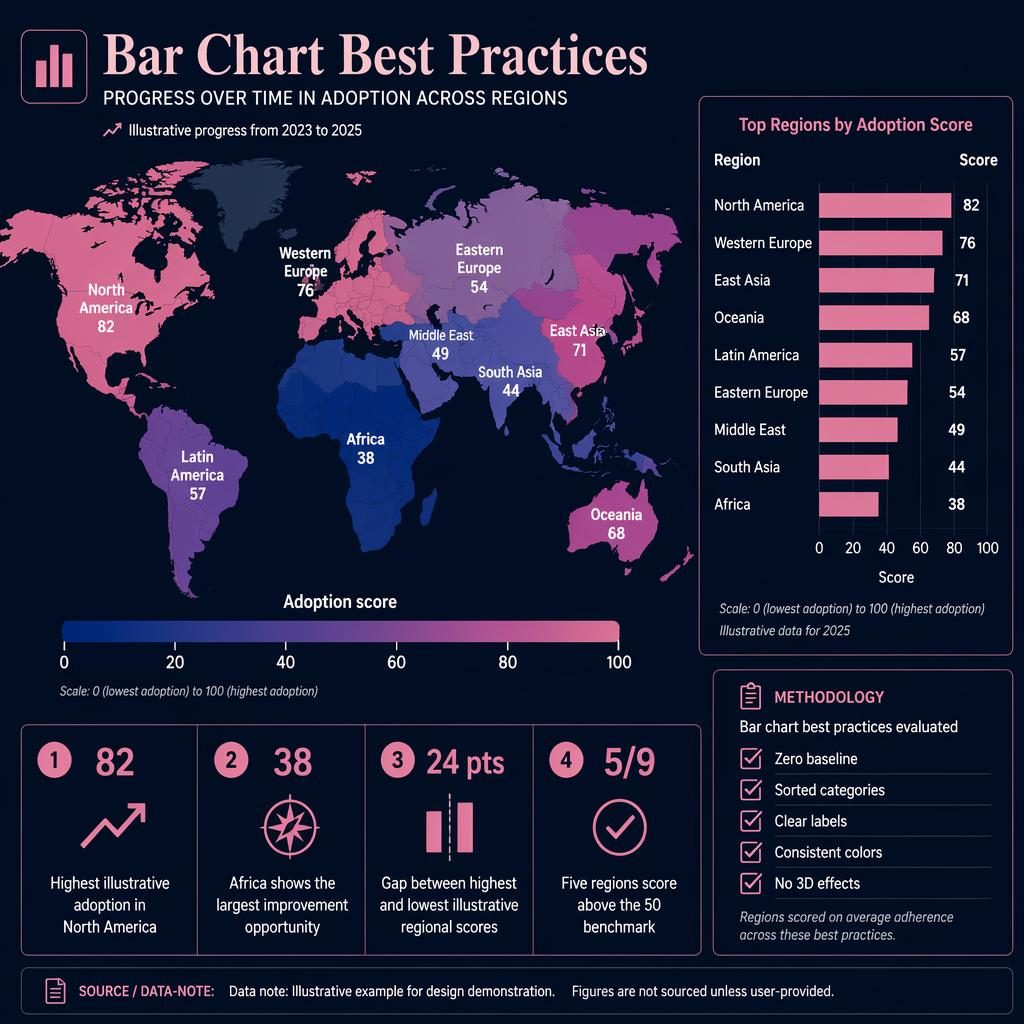 Dark dashboard infographic with choropleth world map, mini bar chart, legend, four callouts, and methodology note.