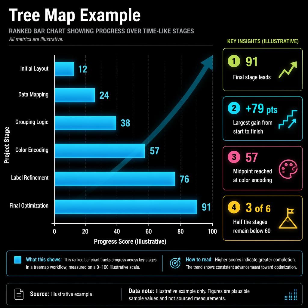 Dark mode editorial infographic with a ranked horizontal bar chart of 6 treemap workflow stages and progress scores.