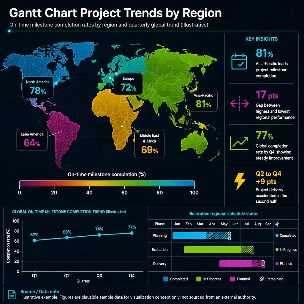 Infografía en modo oscuro con mapa coroplético mundial, línea de tendencia Q1-Q4, panel Gantt lateral y métricas clave.