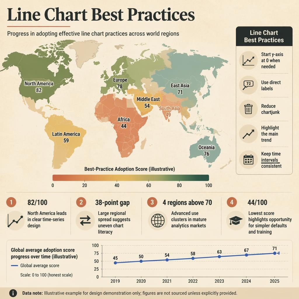 Editorial choropleth world map infographic showing regional adoption scores, legend 0 to 100, callouts, side panel, and mini trend.