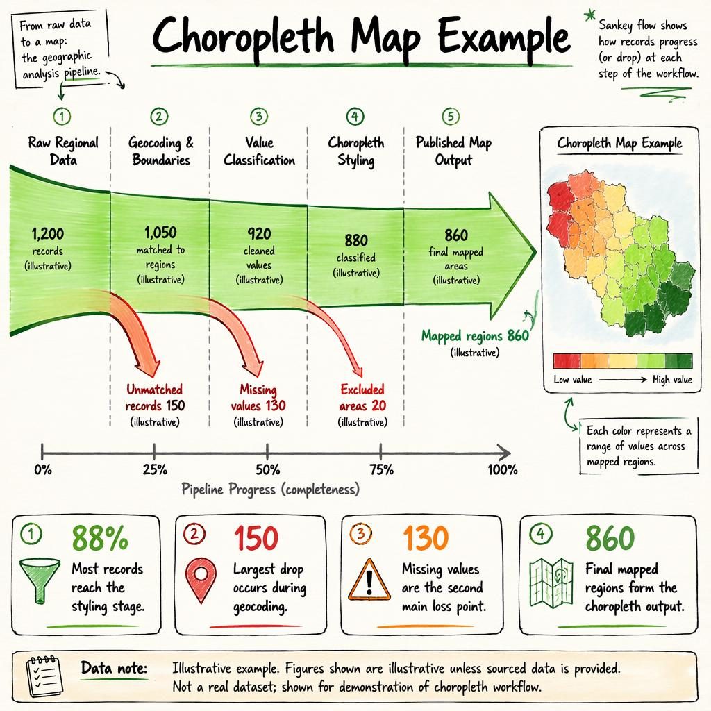 Hand-drawn infographic with a dominant Sankey pipeline and small choropleth map inset showing tableau choropleth workflow.