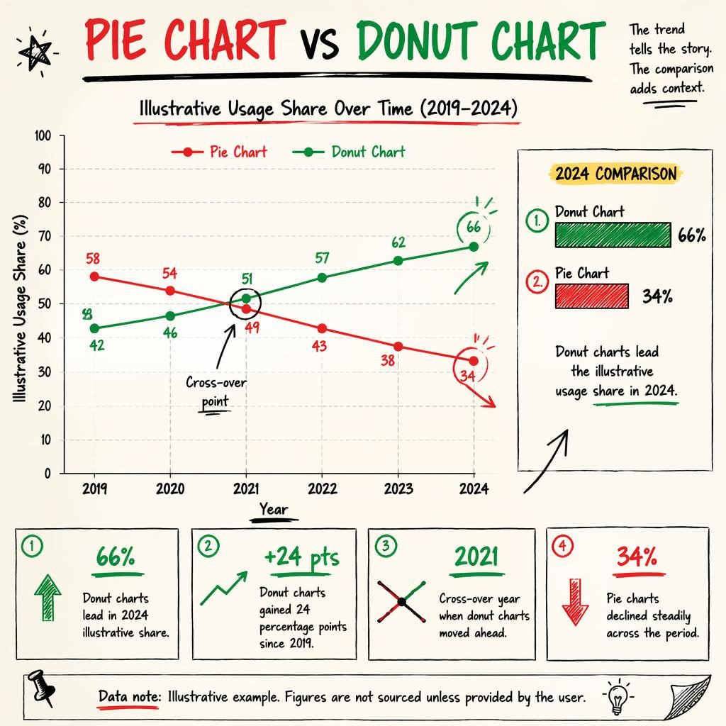 Hand-annotated trend infographic comparing Pie Chart and Donut Chart usage share from 2019 to 2024 with inset bars.