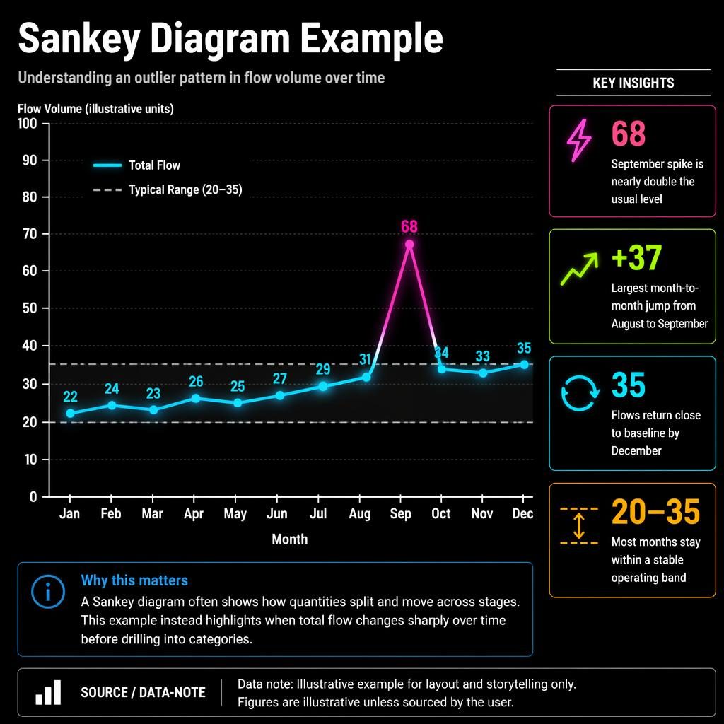 Dark neon infographic with monthly trend line, September spike to 68, benchmark band, four insight callouts, and note panel.