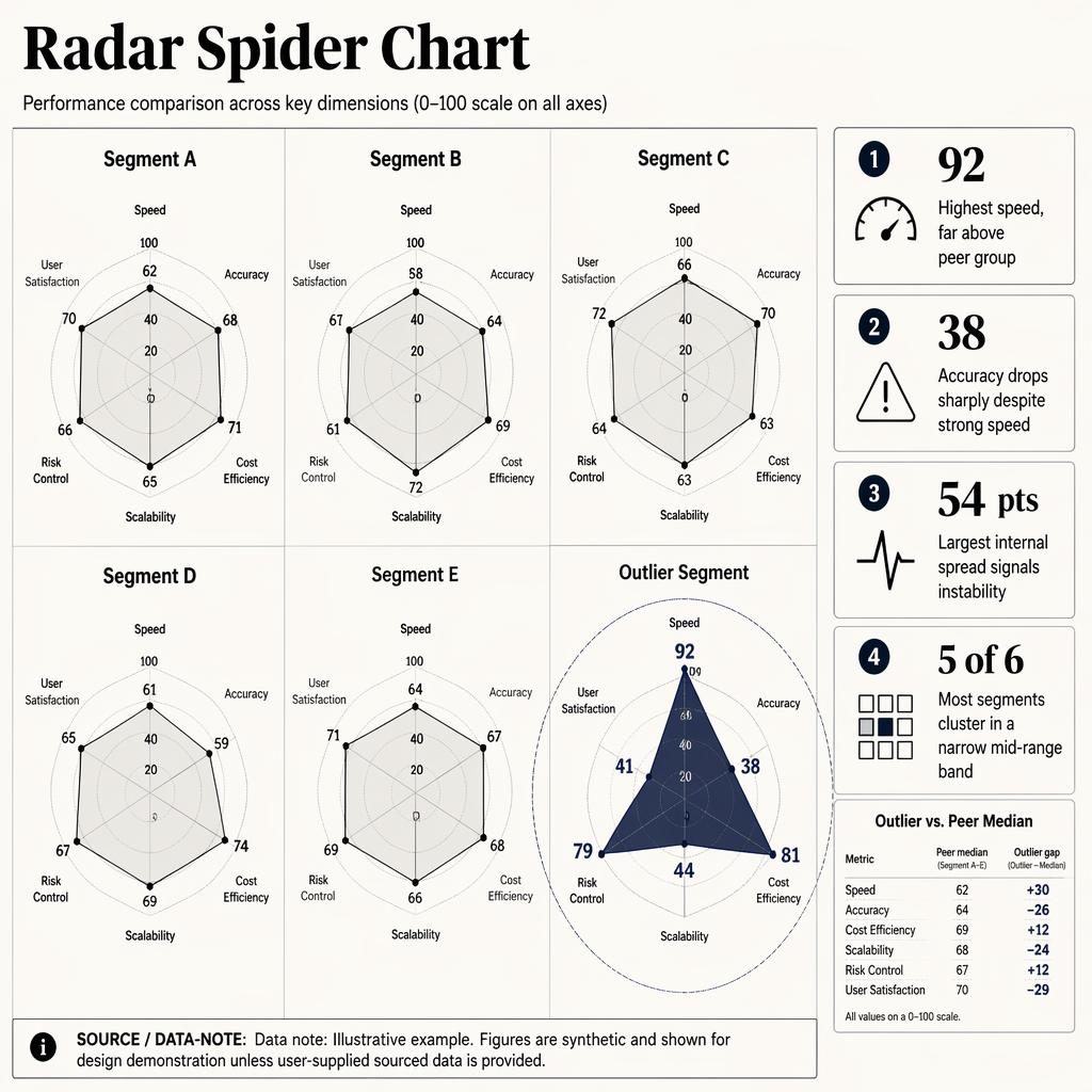 Six-panel radar spider chart grid comparing segments, with one dark outlier panel, callouts, side note, and data note.