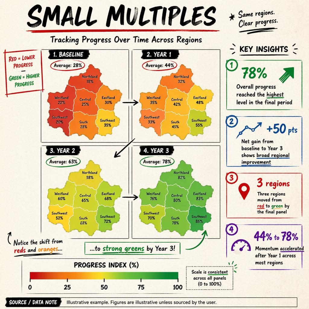 Small-multiples choropleth infographic with 4 regional maps from Baseline to Year 3, red-to-green scale, legend, and callouts.