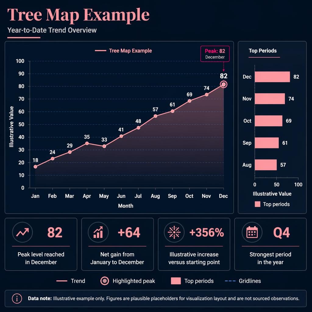 Dark dashboard infographic with a rising time series visualization, monthly axis labels, callouts, and ranked bar chart.