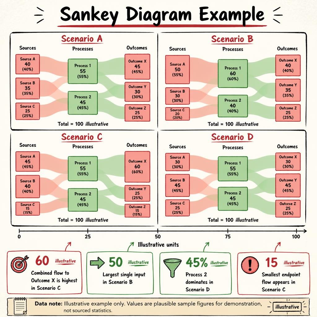 Tableau data visualization infographic with four Sankey diagram panels, English labels, scale ticks, red and green flows.