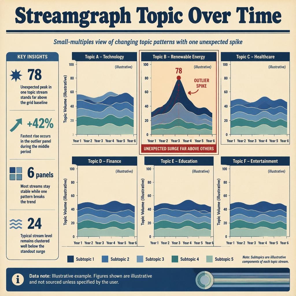 Retro editorial infographic with 6 streamgraph panels over Year 1 to Year 6, one outlier spike, callouts, and blue cream palette.