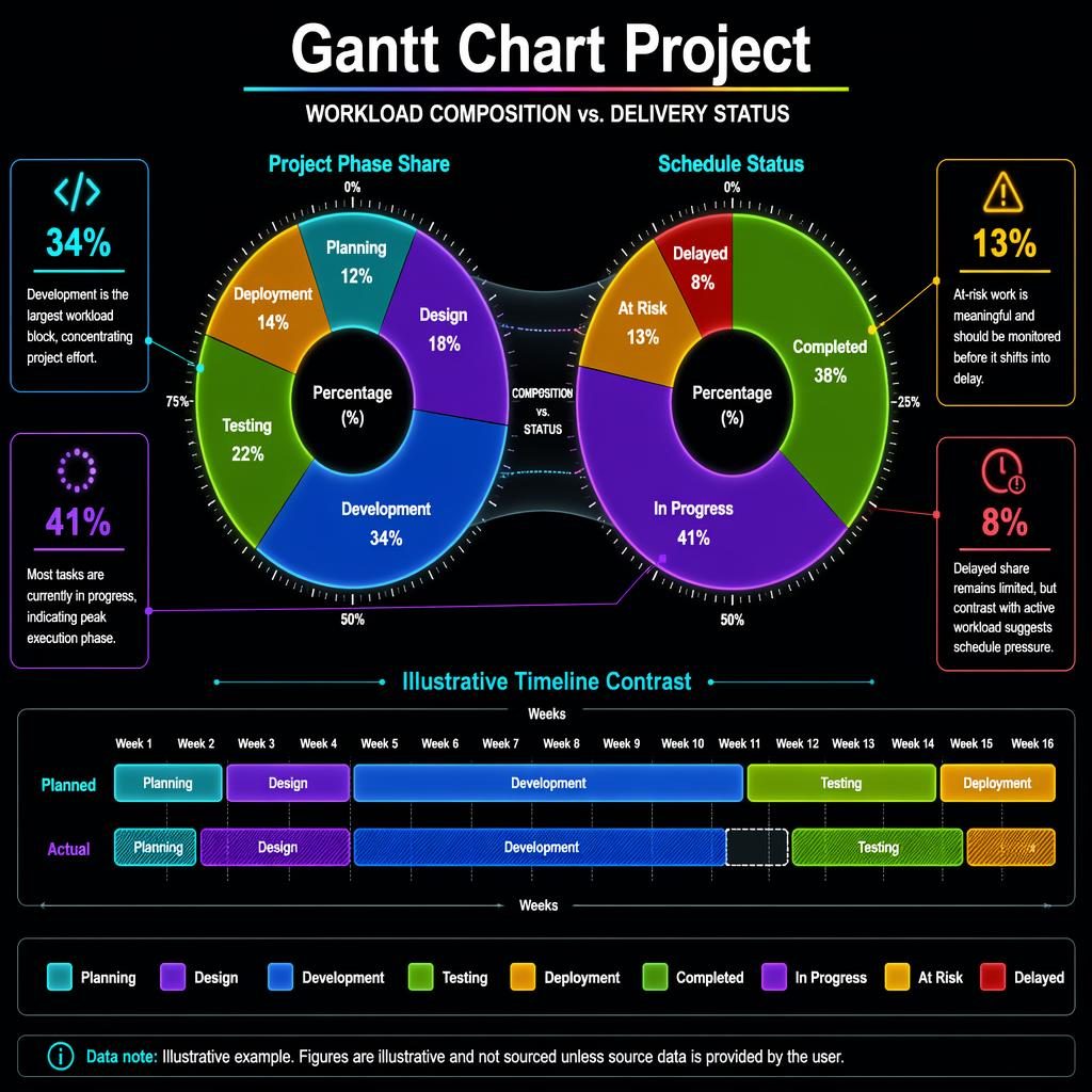 Dark editorial infographic with dual donut charts, project phase share, schedule status, mini timeline bars, and 4 callouts.