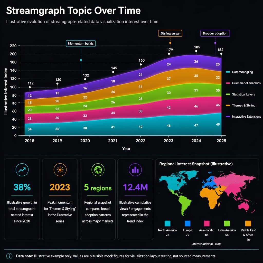 Dark-mode streamgraph infographic from 2018 to 2025 with neon bands, legend, callouts, mini regional map, and editorial labels.