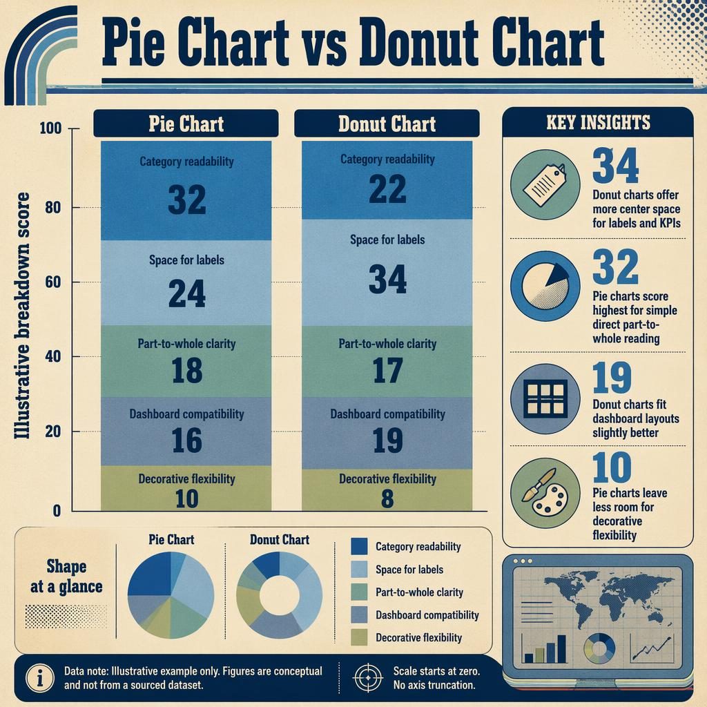 Retro infographic comparing Pie Chart and Donut Chart with stacked columns, mini pie and donut icons, callouts, and grafana geo map motif.
