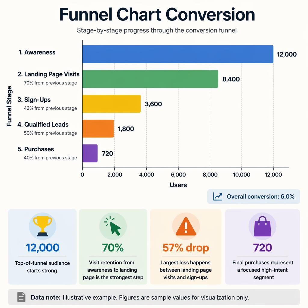 Editorial infographic with a ranked horizontal bar chart of 5 funnel stages, values, conversion labels, icons, and notes.