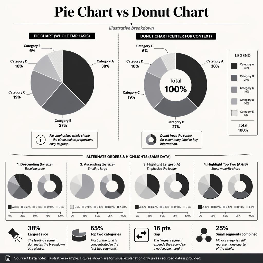 Monochrome infographic comparing pie and donut charts with identical category shares, small multiples, callouts, legend, and labels.