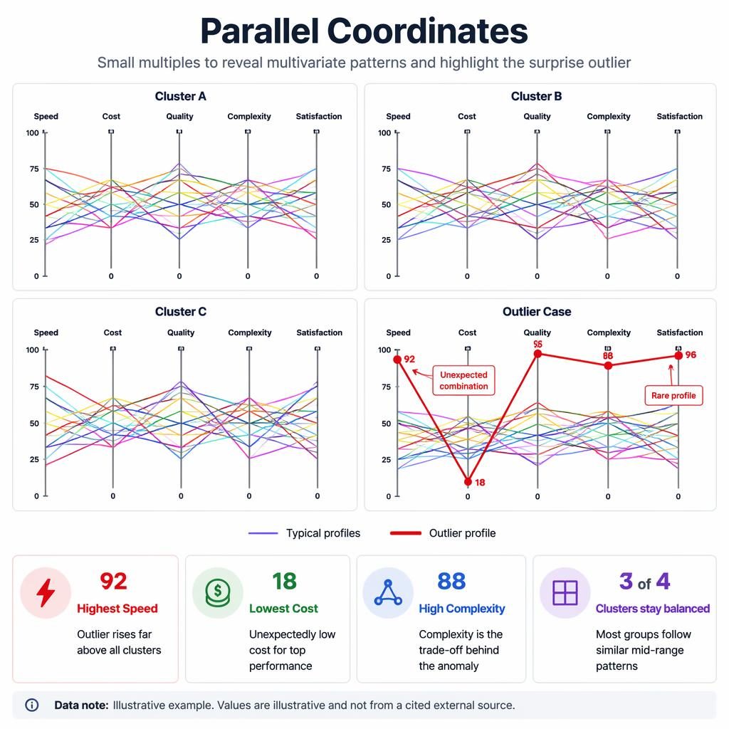 Parallel coordinates graph UX infographic with 4 labeled panels, 5 axes, rainbow lines, and one highlighted outlier profile.