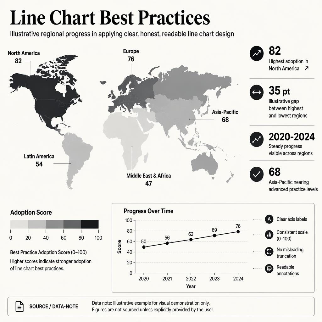 Monochrome choropleth infographic on line chart best practices with regional scores, legend, trend inset, and insight callouts.