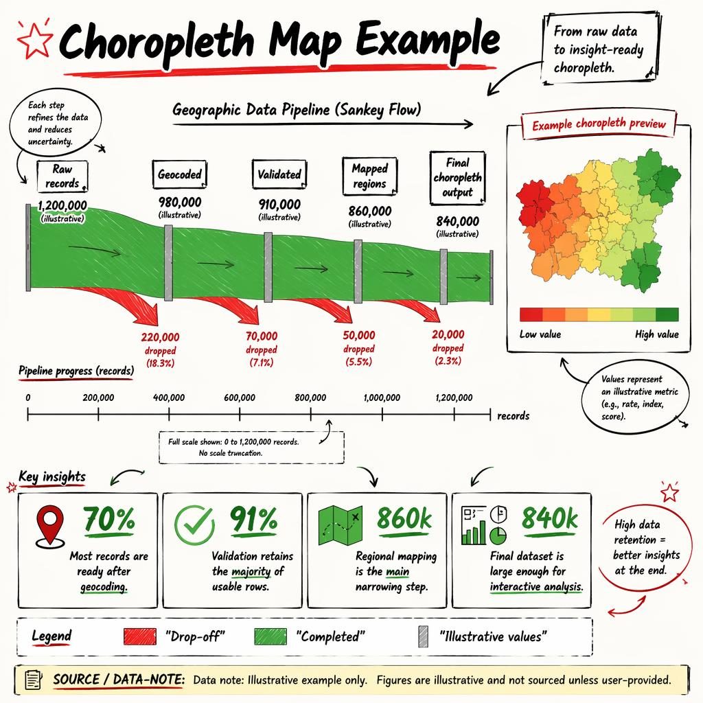 Hand-annotated Sankey infographic of a geographic data pipeline with choropleth map inset, red-green flows, and insight callouts.