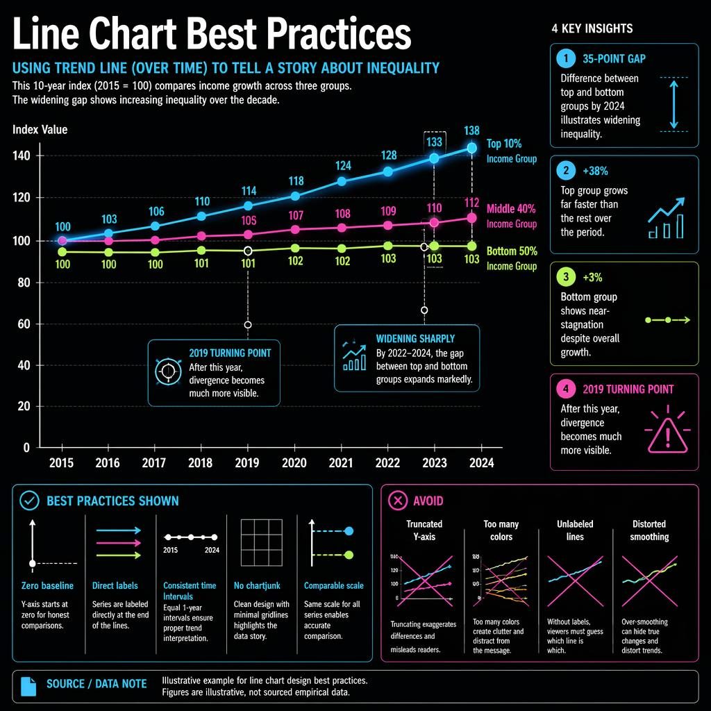 Dunkle Datenvisualisierung-Infografik mit Liniendiagramm 2015–2024, drei Einkommensgruppen, Callouts, Checkliste und Avoid-Panel.