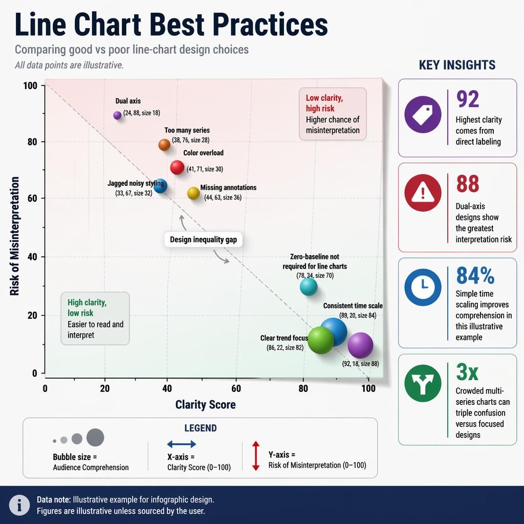 Data infographic showing a pseudo-3D bubble chart on line chart best practices with clarity and misinterpretation axes.