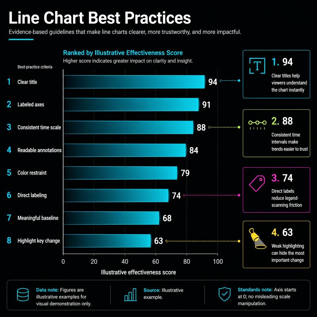 Dark-mode ranked bar chart infographic on line chart best practices with neon cyan bars, callouts, full 0-100 axis, and footer notes.