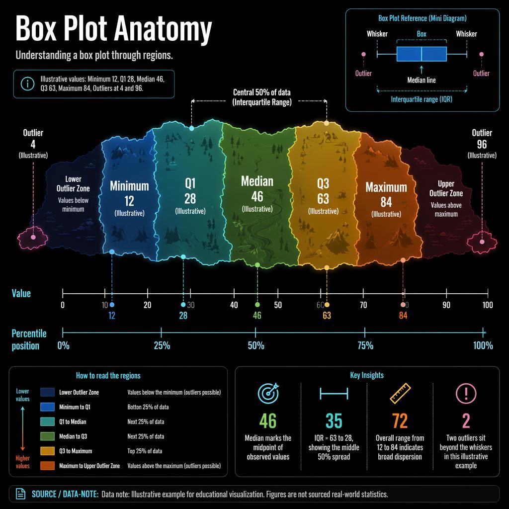 Dark editorial infographic showing a choropleth-style map explaining box plot anatomy with axes, legend, callouts, and inset box plot.