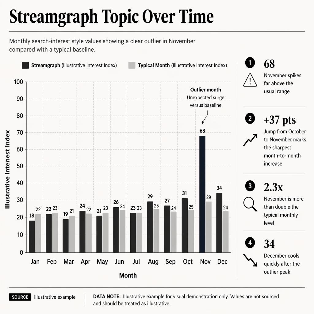 Editorial bar chart infographic with Jan-Dec columns, a sharp November outlier at 68, benchmark series, callouts, and data note.