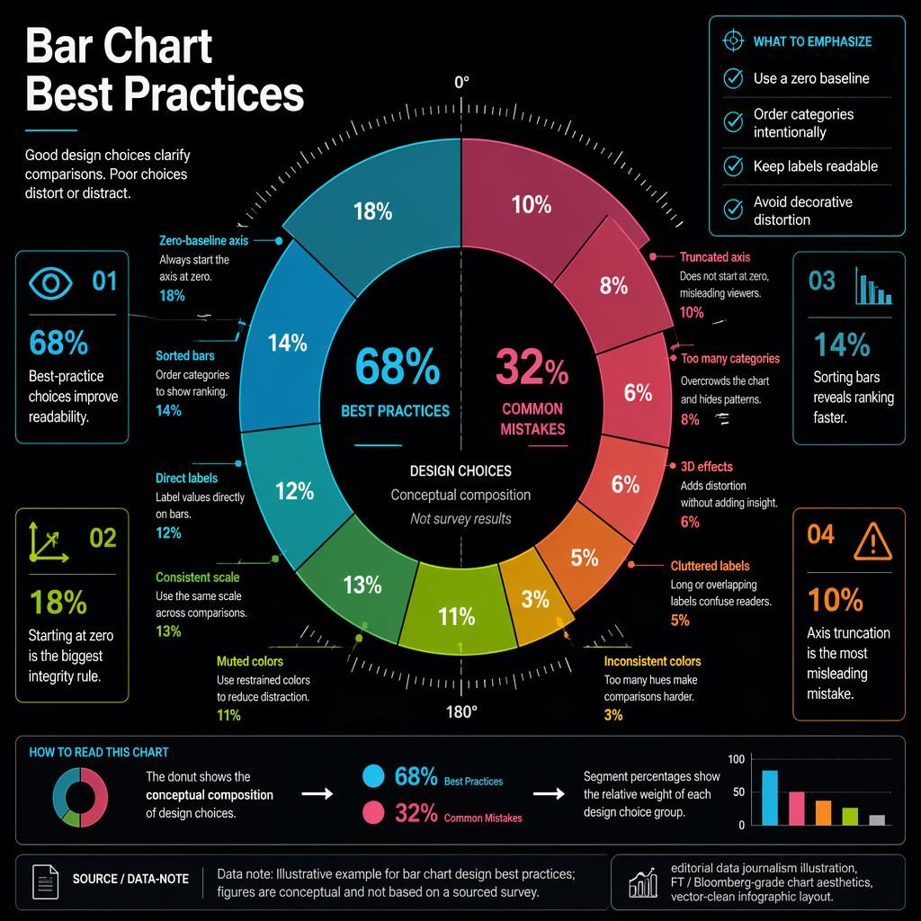 Dark editorial infographic with a dual-ring donut chart comparing bar chart best practices 68% vs common mistakes 32%.