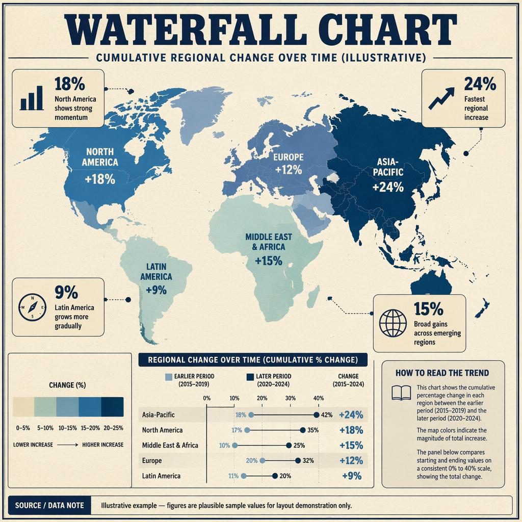 Retro editorial choropleth map infographic with regional change rates, legend panel, four callouts, and source note.