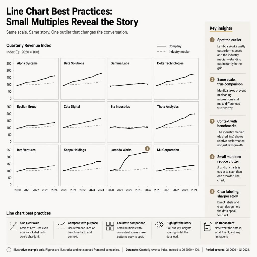 Monochrome small-multiples line chart grid with sharp axes, outlier callouts, and illustrative data-note strip