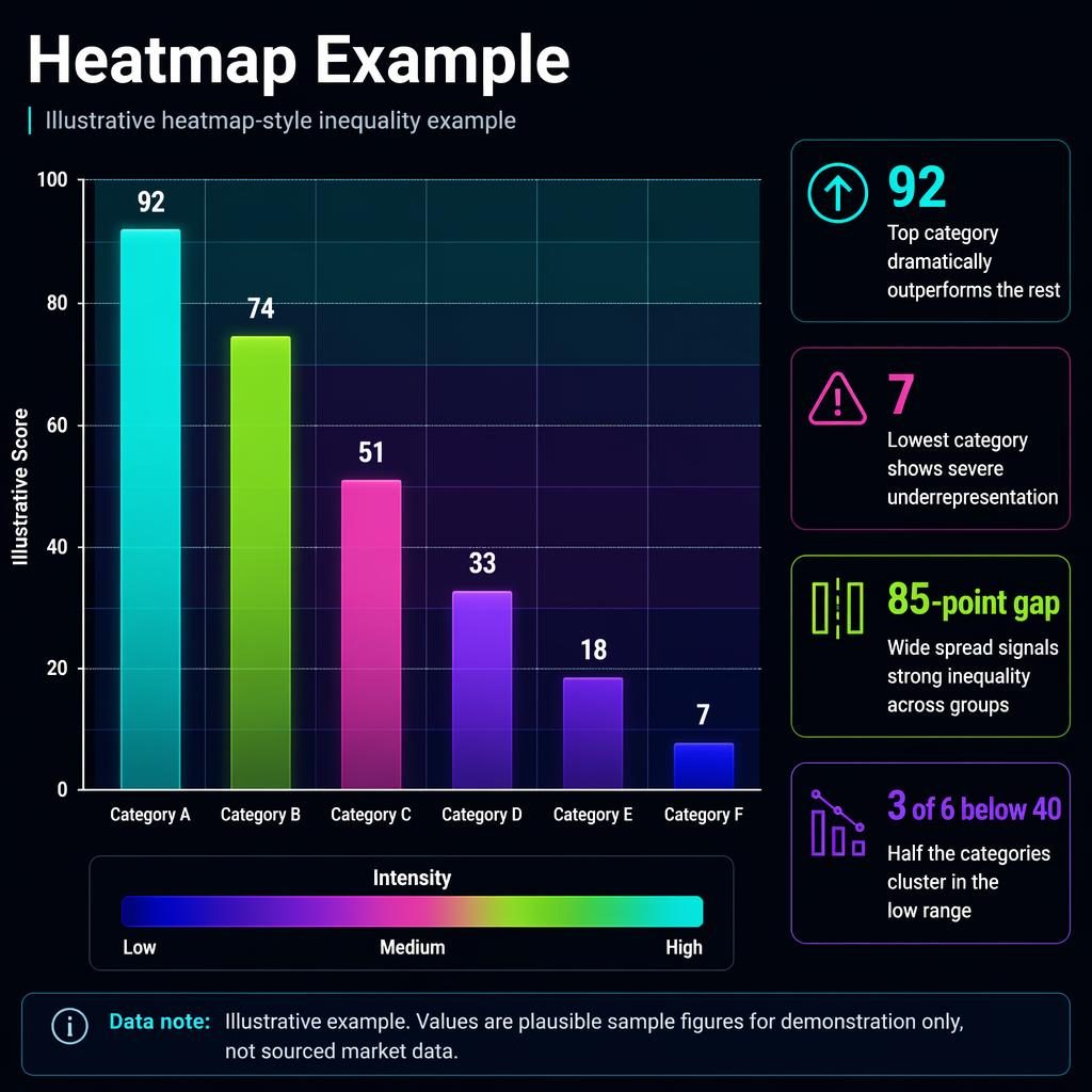 Dark neon infographic with six comparison columns, heatmap bands, insight callouts, intensity legend, and editorial labels.