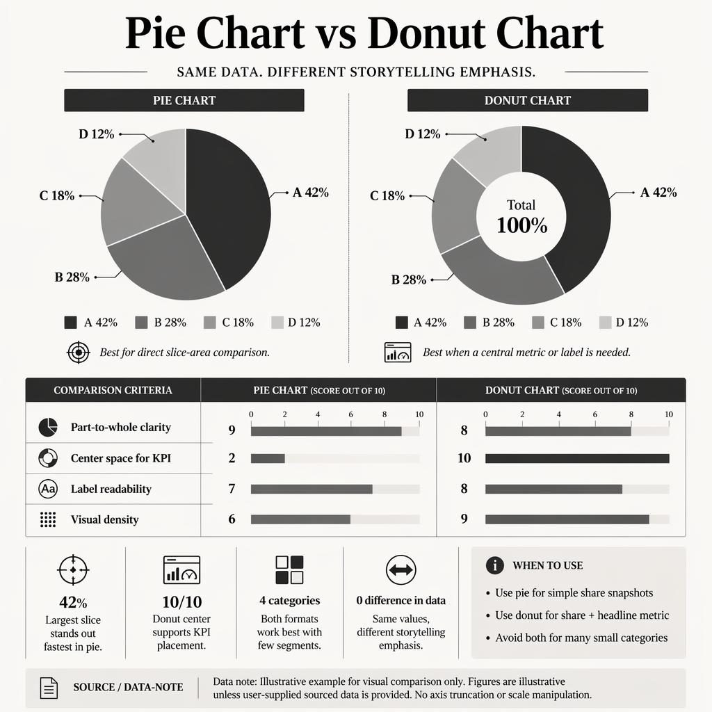 Editorial infographic comparing a pie chart and donut chart side by side with illustrative percentages, scores, callouts, and note panel.