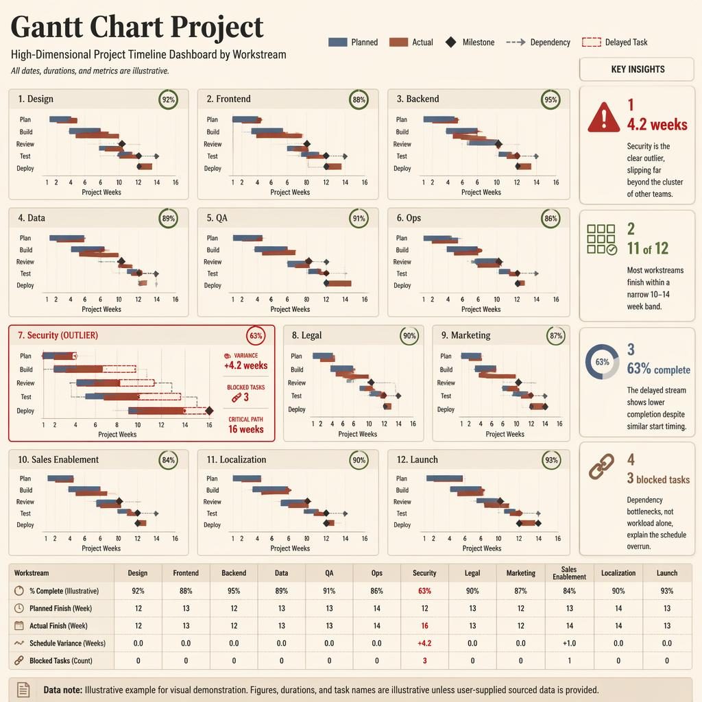 Infographic dashboard with 12 small-multiple Gantt charts, one delayed Security panel, legend, insight callouts, and Week 1–16 axes.