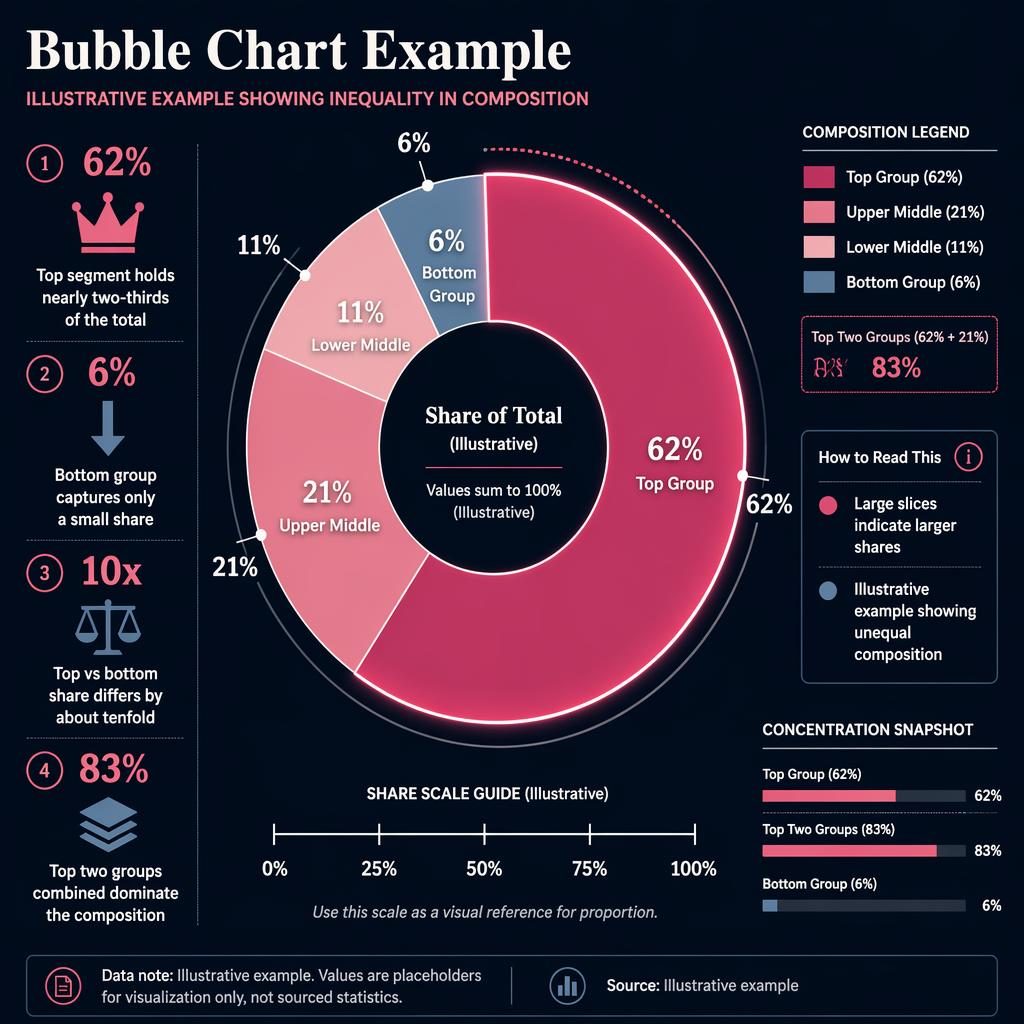 Dark dashboard infographic with a central donut chart showing 62%, 21%, 11%, and 6% plus English labels and callouts.