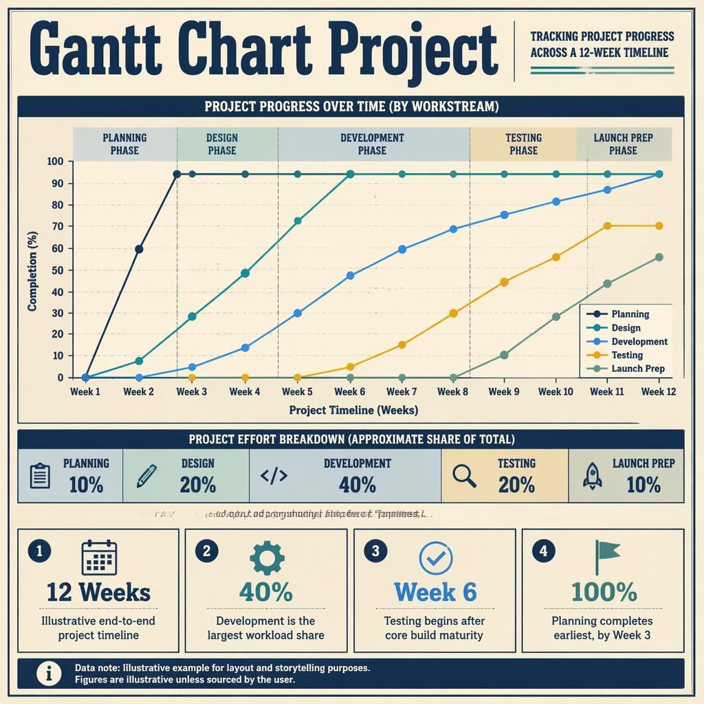 Infografía de gráfico Gantt con 5 líneas de tendencia en 12 semanas, paleta azul y crema, estilo editorial retro.