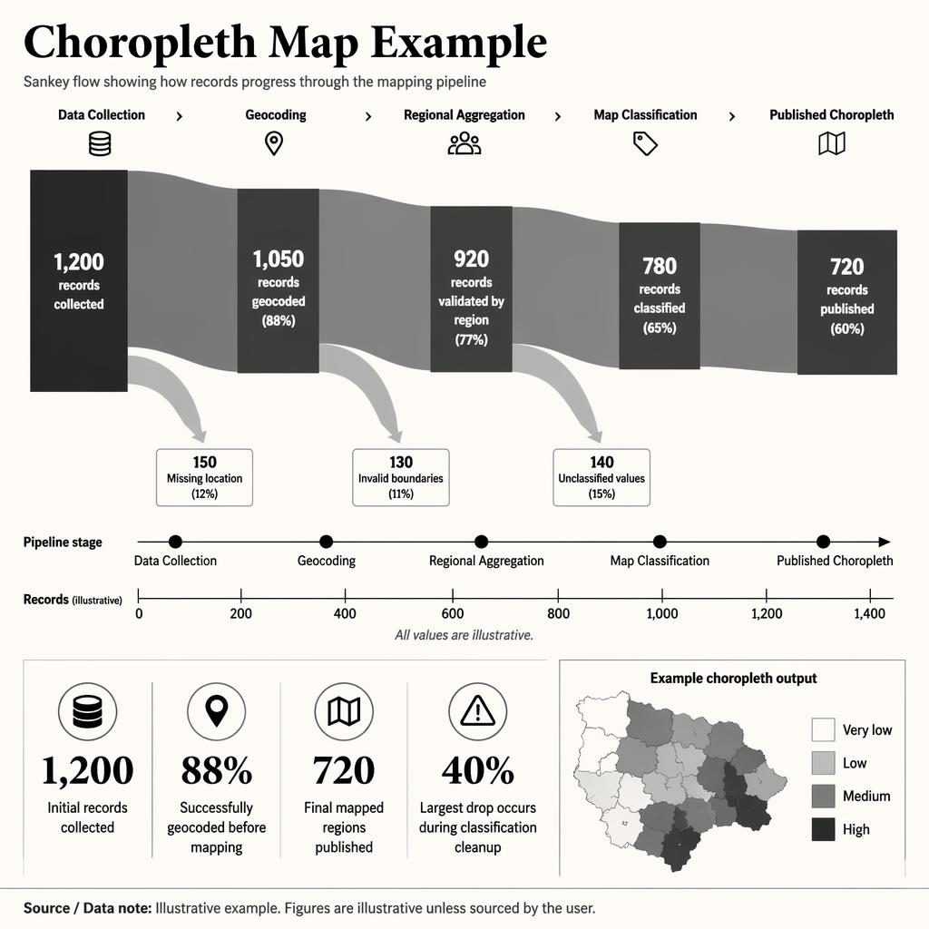 Monochrome Infografik mit zentralem Sankey-Diagramm, Pipeline-Stufen, Verlustflüssen, Kennzahlen und Choroplethen-Inset.