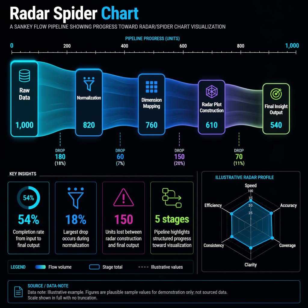 Dark neon infographic with a 5-stage Sankey pipeline, progress scale, radar mini-chart, legend, and four insight callouts.