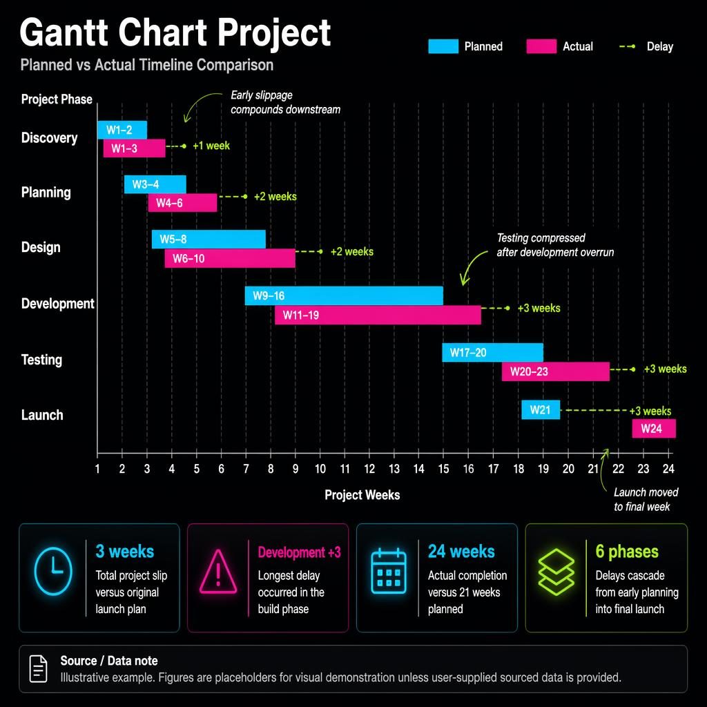 Dunkle Neon-Infografik mit Gantt-Chart-Vergleich von geplanter und tatsächlicher Projektzeit über 6 Phasen.